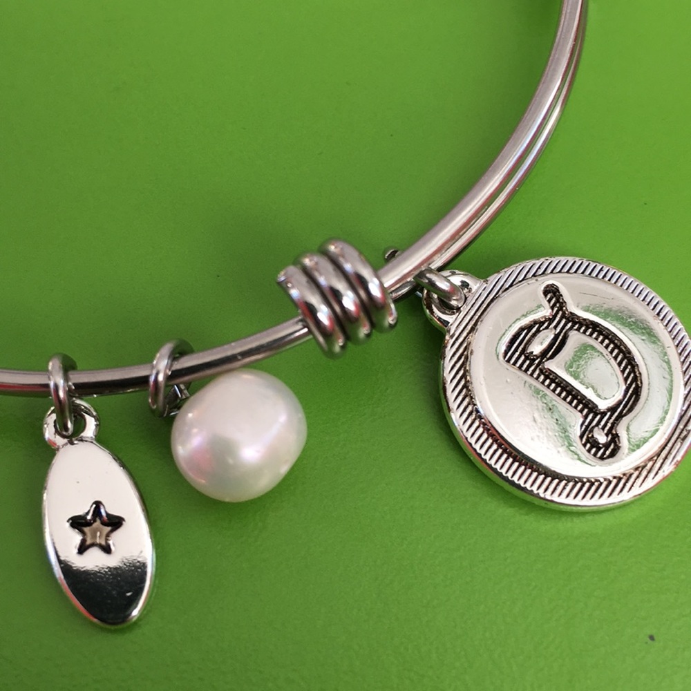 D bracelet silver monogram charm pearl star bangle